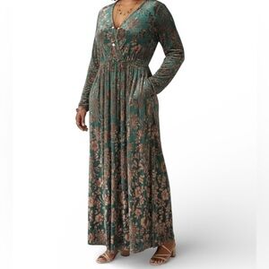 Green and Brown Long Sleeve Maxi Dress with pockets